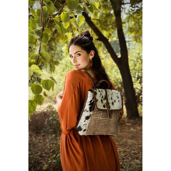 Myra Bag Handmade Crossroads Backpack Upcycled Canvas & Cowhide Leather - Picture 1 of 8
